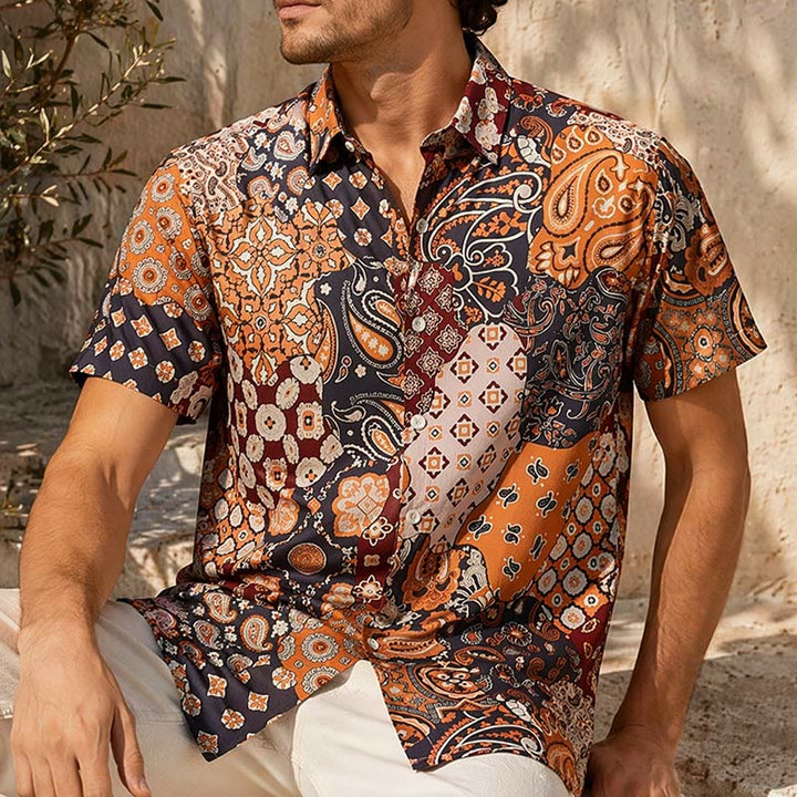 Deep Brown Patchwork Paisley Print Casual Shirt - Deep Brown - 5XL - image 0