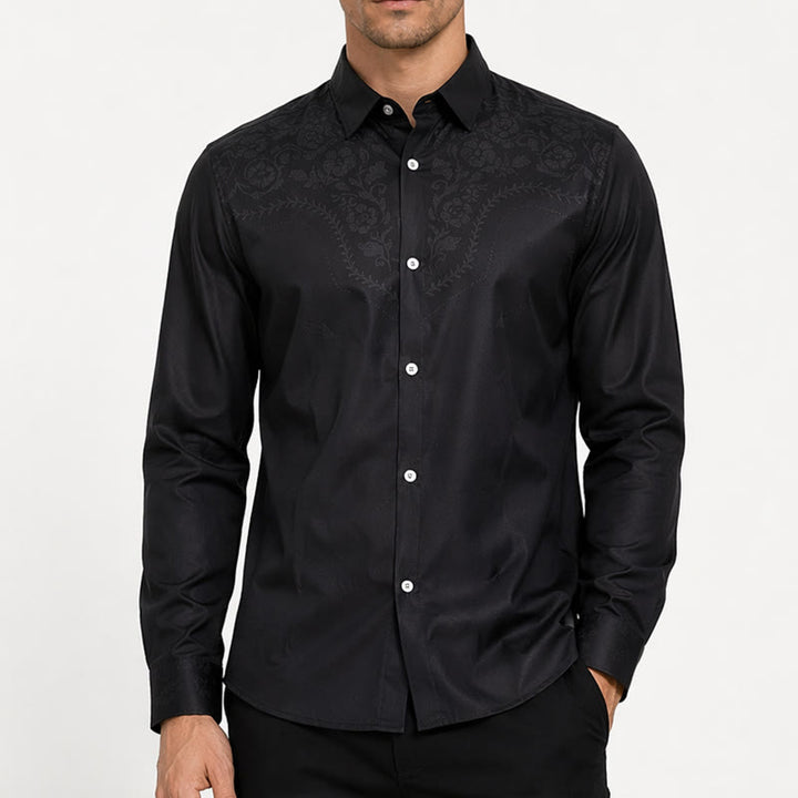 Men's Black Floral Print Western Yoke Dress Shirt - image 1