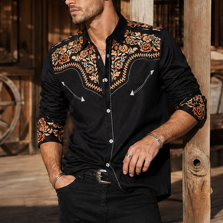 Men's Rodeo Style Black & Red Floral Print Dress Shirt - Black & Red - 6XL - image 0