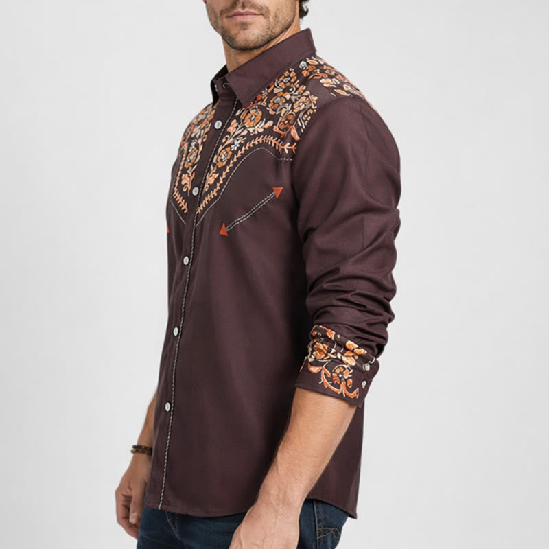 Men's Western Yoke Brown Floral Print Dress Shirt - image 2