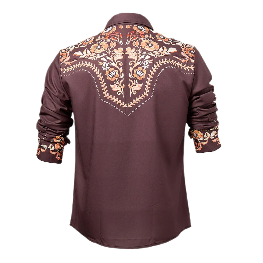 Men's Western Yoke Brown Floral Print Dress Shirt - image 9