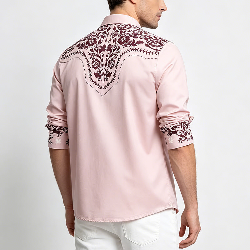 Men's Beige & Brown Floral Print Country Style Dress Shirt - image 3
