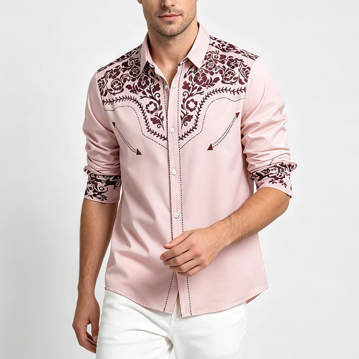 Men's Beige & Brown Floral Print Country Style Dress Shirt - image 1