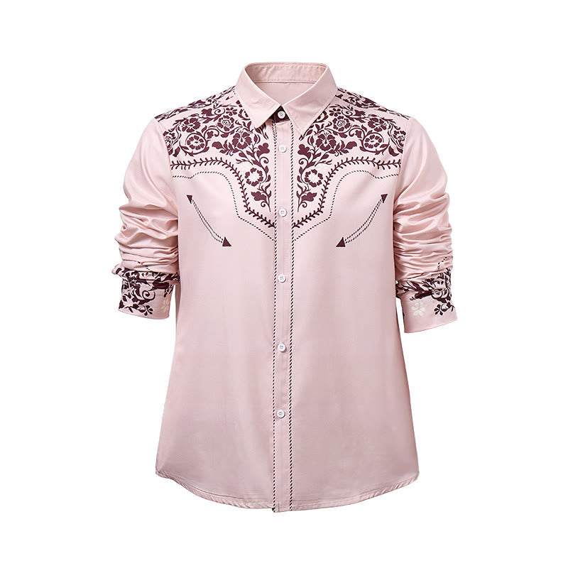 Men's Beige & Brown Floral Print Country Style Dress Shirt - image 9