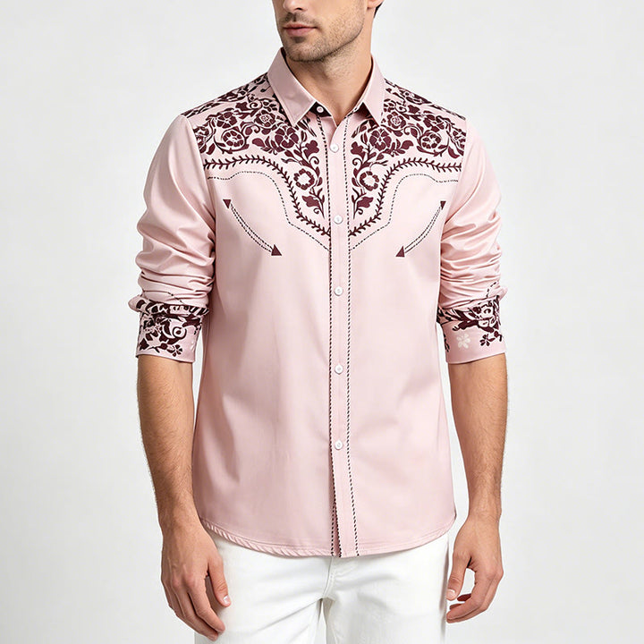 Men's Beige & Brown Floral Print Country Style Dress Shirt - image 2