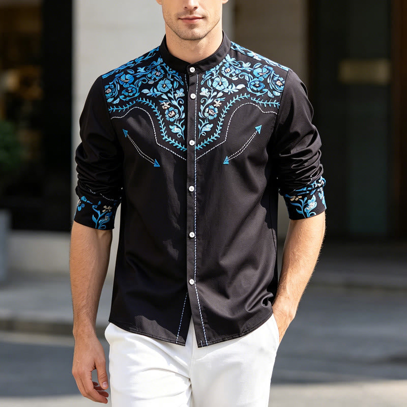Men's Black & Blue Floral Accent Print Western Dress Shirt - Black & Blue - 6XL - image 0