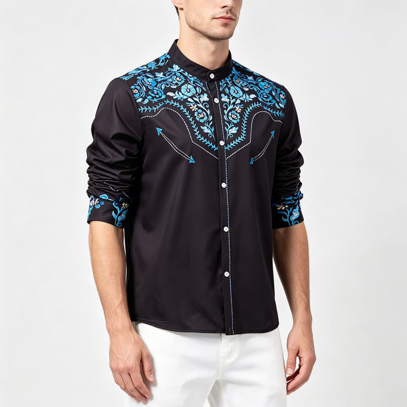 Men's Black & Blue Floral Accent Print Western Dress Shirt - image 2