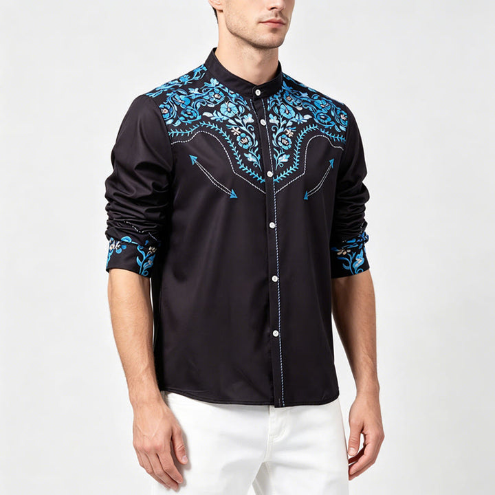 Men's Black & Blue Floral Accent Print Western Dress Shirt - image 2