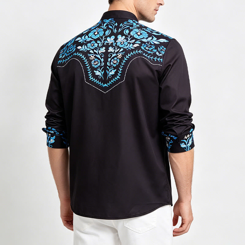 Men's Black & Blue Floral Accent Print Western Dress Shirt - image 3
