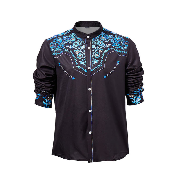 Men's Black & Blue Floral Accent Print Western Dress Shirt - image 8