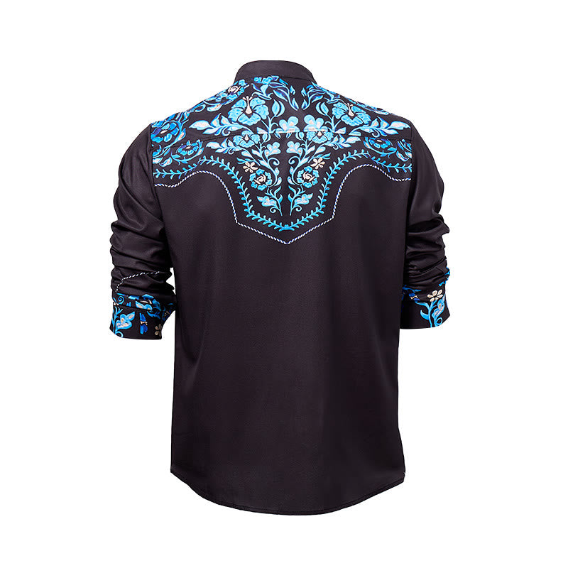 Men's Black & Blue Floral Accent Print Western Dress Shirt - image 9