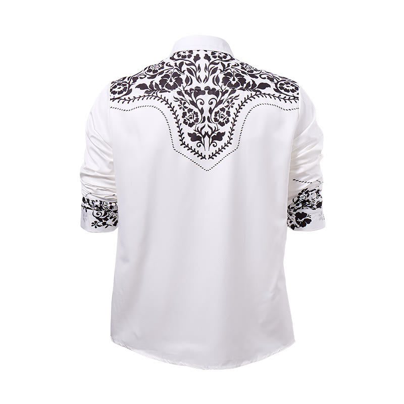 Men's Elegant White & Black Floral Print Western Dress Shirt - image 9