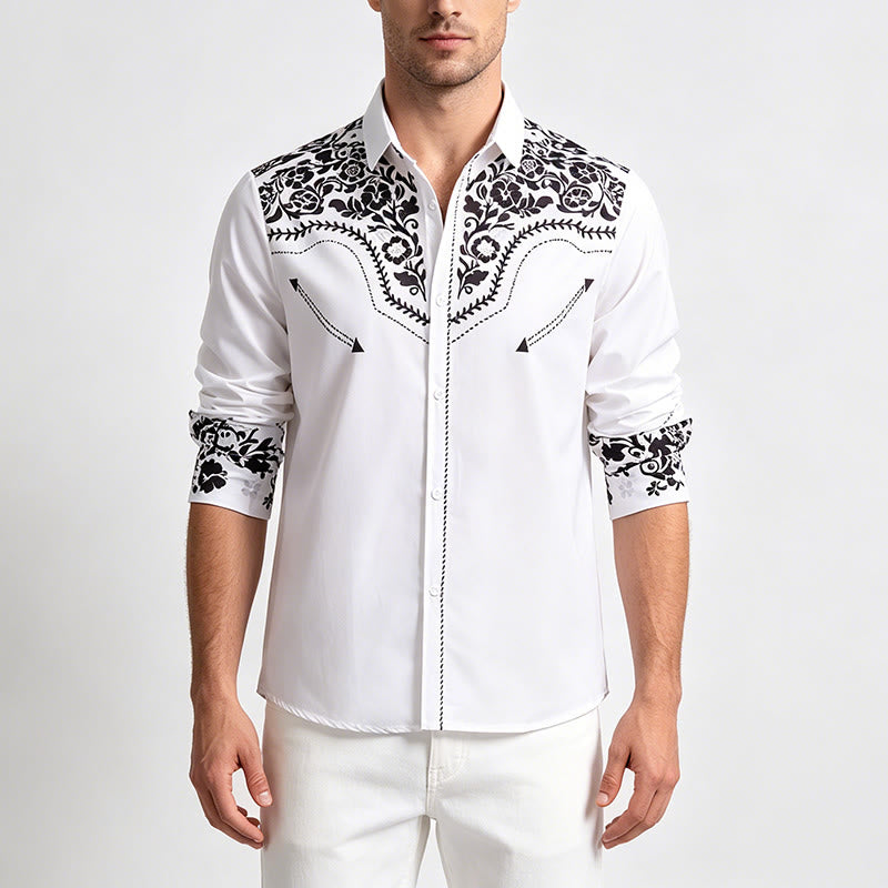 Men's Elegant White & Black Floral Print Western Dress Shirt - image 1