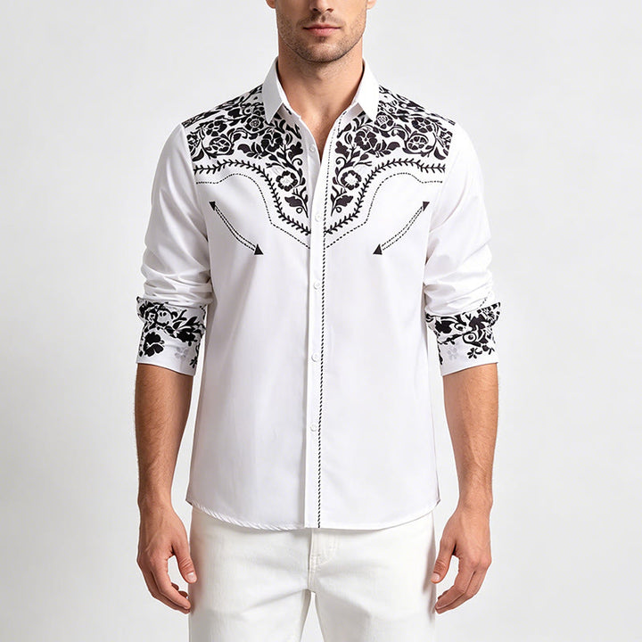Men's Elegant White & Black Floral Print Western Dress Shirt - image 1