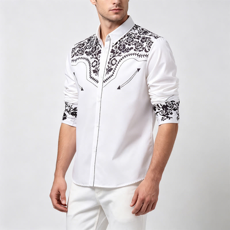 Men's Elegant White & Black Floral Print Western Dress Shirt - image 2