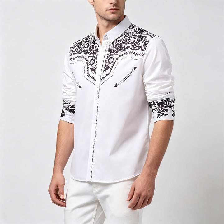Men's Elegant White & Black Floral Print Western Dress Shirt - image 2