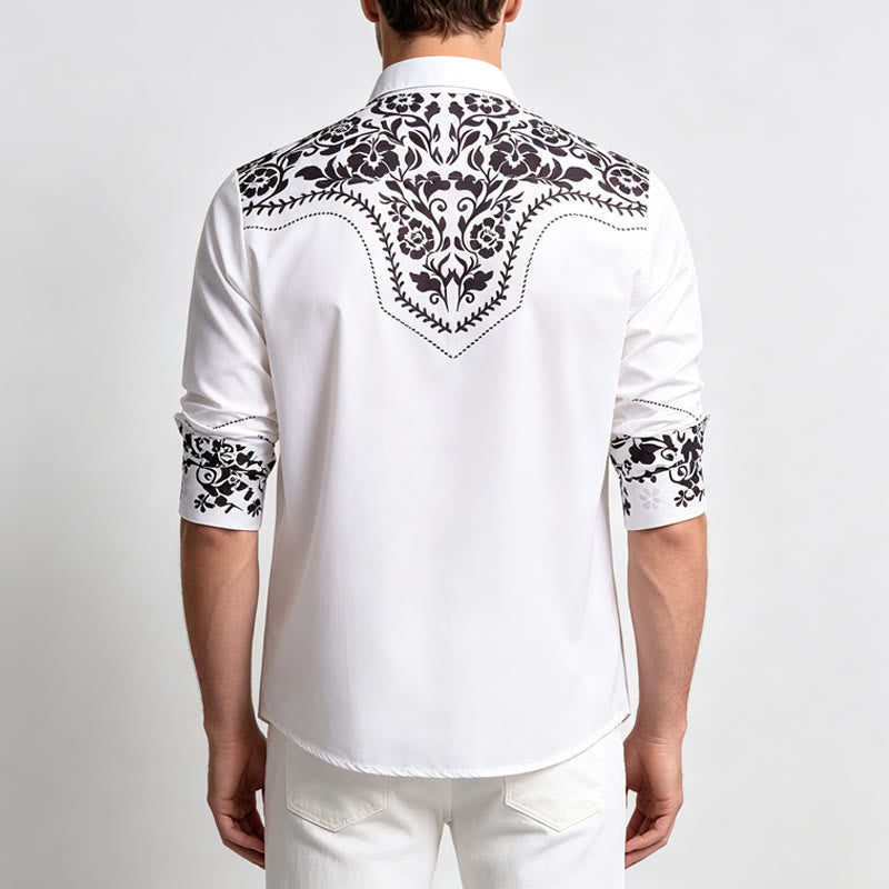 Men's Elegant White & Black Floral Print Western Dress Shirt - image 3