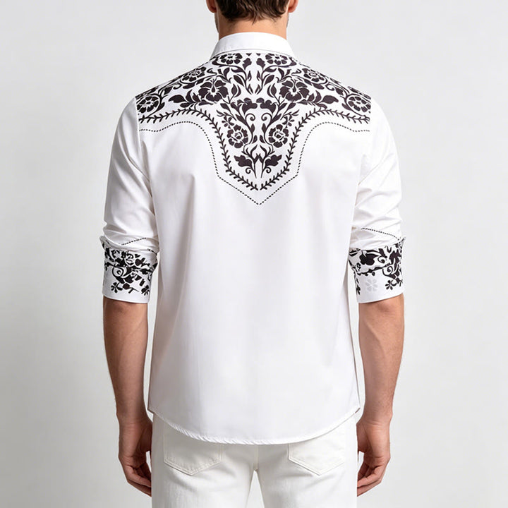 Men's Elegant White & Black Floral Print Western Dress Shirt - image 3