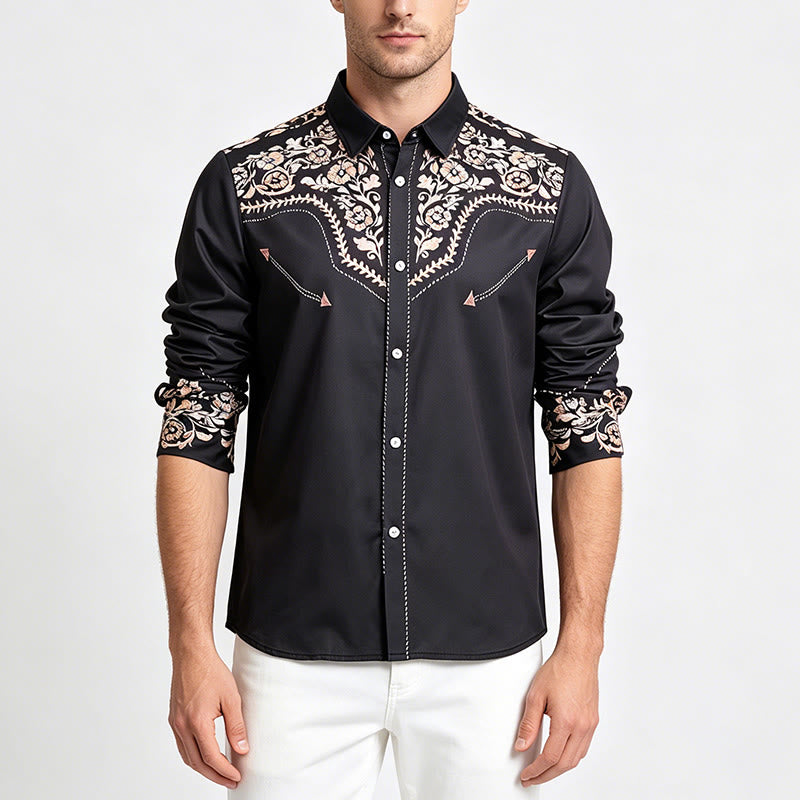 Men's Dark Forest Green Floral Print Western Yoke Dress Shirt - image 1