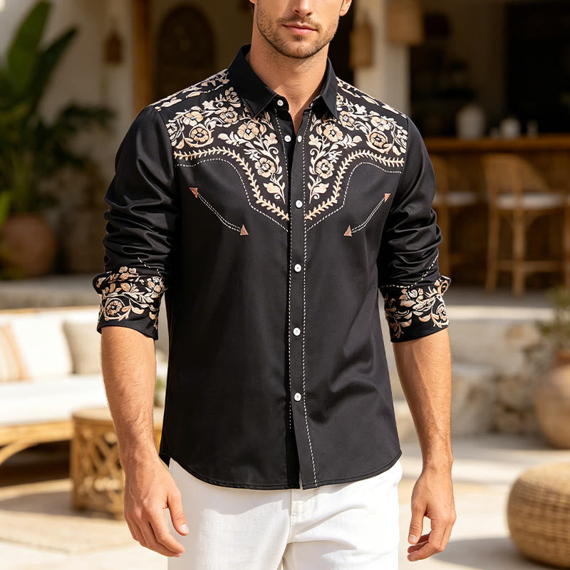 Men's Dark Forest Green Floral Print Western Yoke Dress Shirt - Dark Green - 6XL - image 0