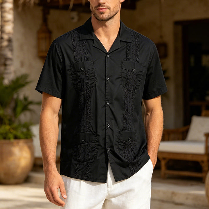 Modern Cuban-Inspired Embroidered Casual Shirt - Black - 2XL - image 1