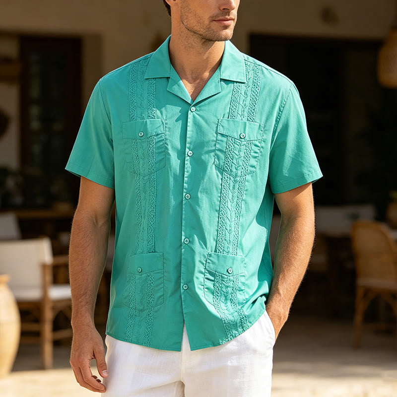 Modern Cuban-Inspired Embroidered Casual Shirt - Aqua - 2XL - image 2