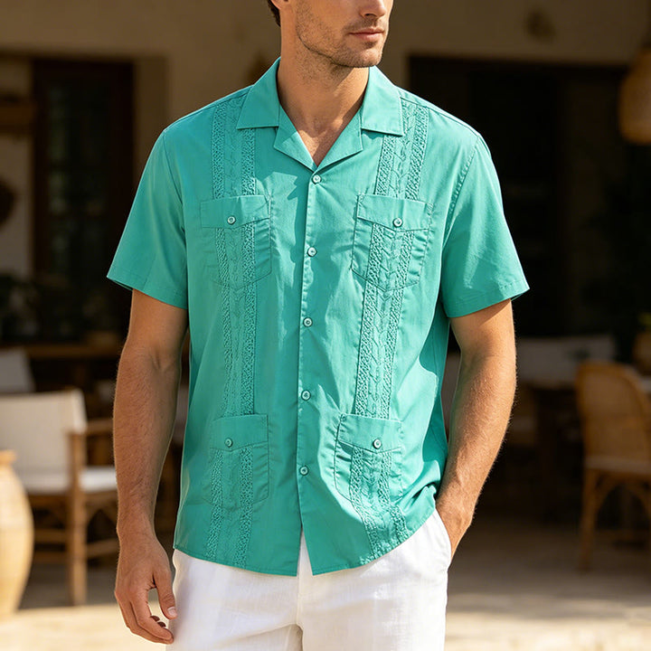Modern Cuban-Inspired Embroidered Casual Shirt - Aqua - 2XL - image 2