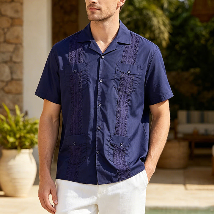 Modern Cuban-Inspired Embroidered Casual Shirt - Navy - 2XL - image 7