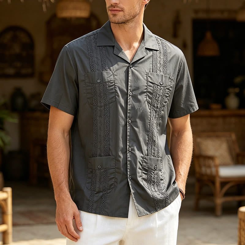 Modern Cuban-Inspired Embroidered Casual Shirt - Gray - 2XL - image 3