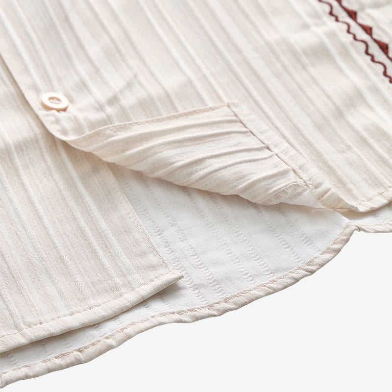 Artisanal Beige Textured Shirt With Black Embroidery - image 7