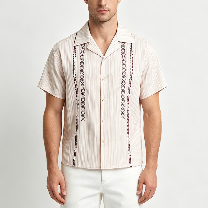 Artisanal Beige Textured Shirt With Black Embroidery - image 1