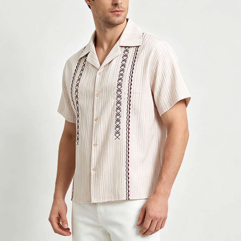 Artisanal Beige Textured Shirt With Black Embroidery - image 2
