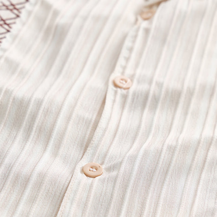 Artisanal Beige Textured Shirt With Black Embroidery - image 6