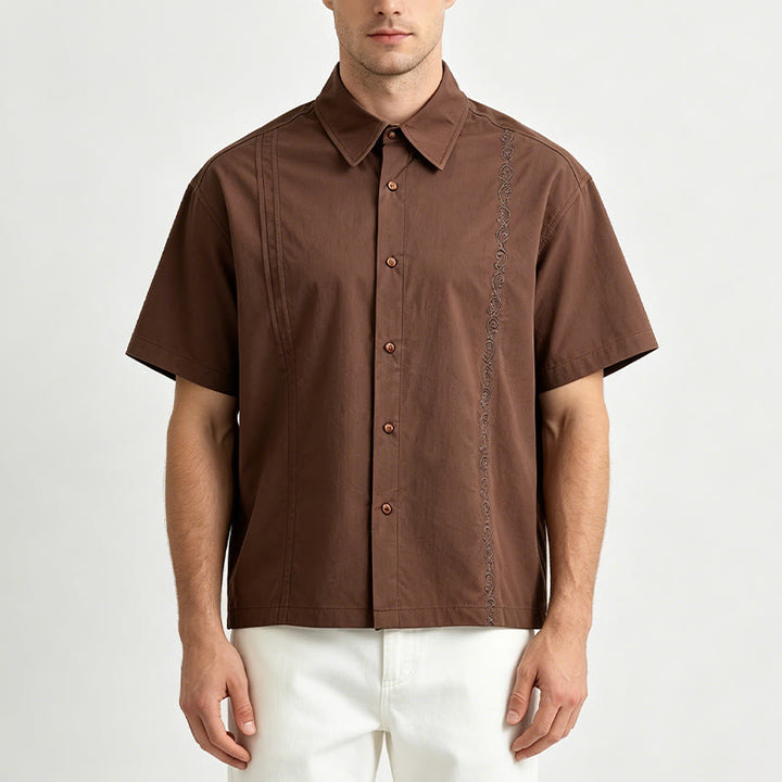 Dark Brown Oversized Short-Sleeve Side Embroidery Shirt - image 1