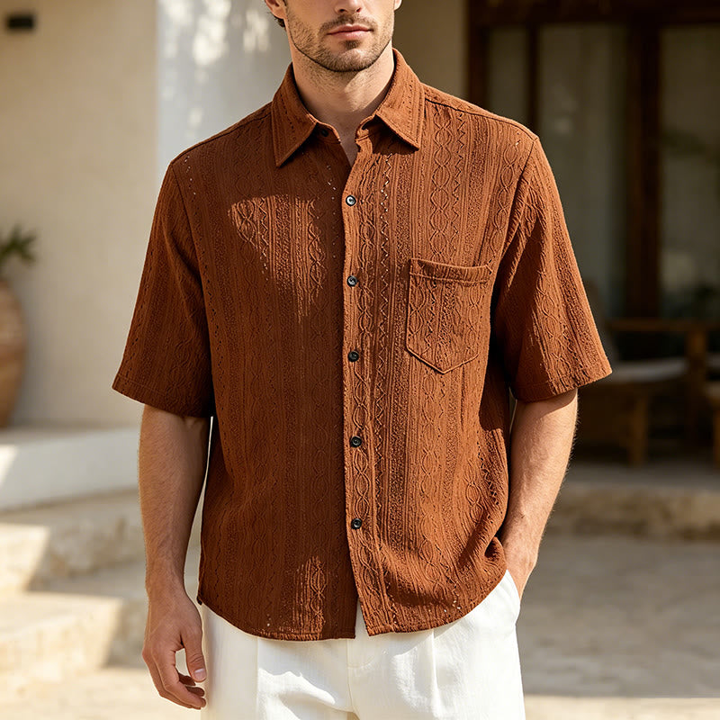 Retro Jacquard Knit Casual Button-Down Shirt - Brown - 2XL - image 0