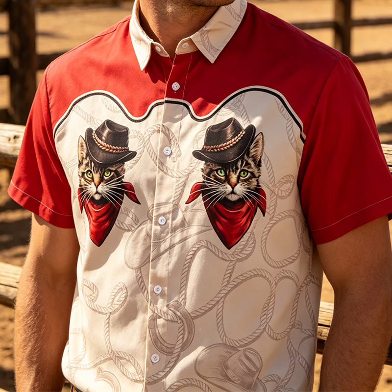 Men's Red & Beige Western Playful Cowboy Cat Print Shirt - Red & Beige - 5XL - image 0