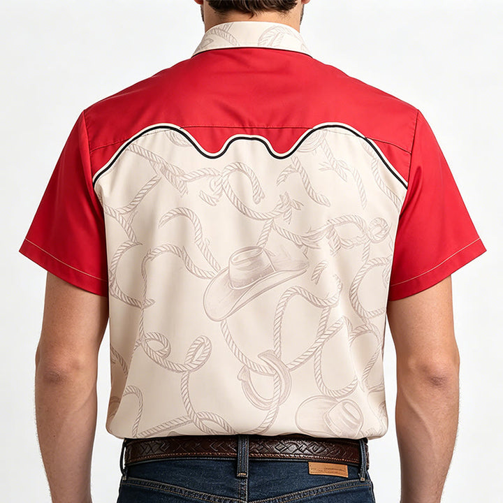 Men's Red & Beige Western Playful Cowboy Cat Print Shirt - image 3