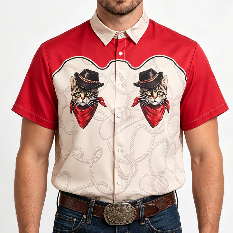 Men's Red & Beige Western Playful Cowboy Cat Print Shirt - image 1