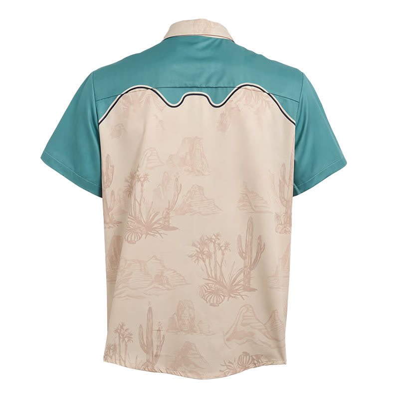 Men's Teal & Beige Western Desert Cowboy Cat Print Shirt - image 5