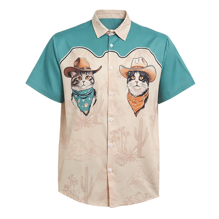 Men's Teal & Beige Western Desert Cowboy Cat Print Shirt - image 4