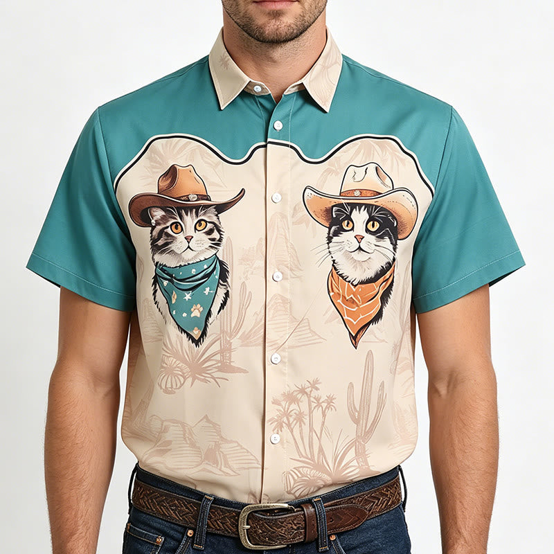Men's Teal & Beige Western Desert Cowboy Cat Print Shirt - image 1