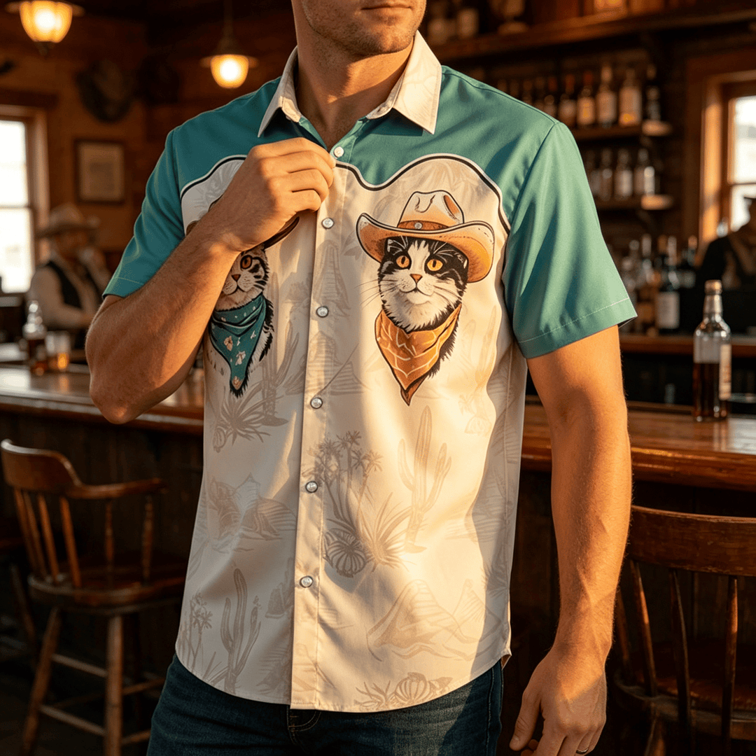 Men's Teal & Beige Western Desert Cowboy Cat Print Shirt - Teal & Beige - 5XL - image 0