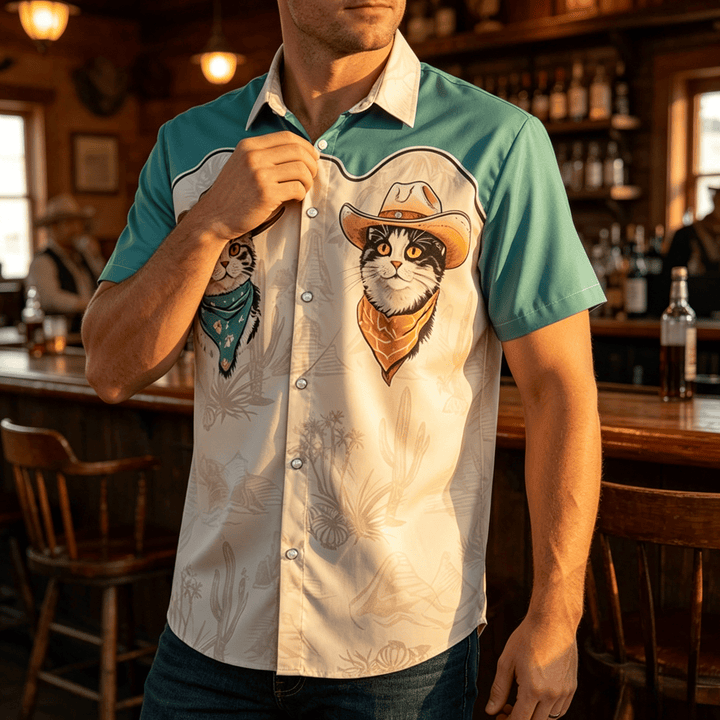 Men's Teal & Beige Western Desert Cowboy Cat Print Shirt - Teal & Beige - 5XL - image 0