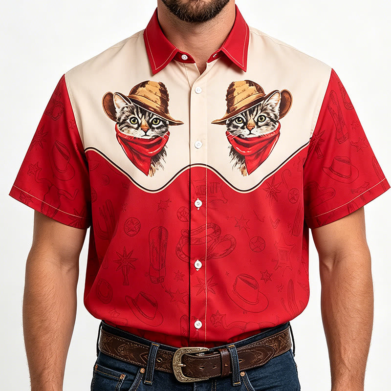 Men's Vintage Cactus & Cat Western Themed Print Shirt - Red - 5XL - image 1