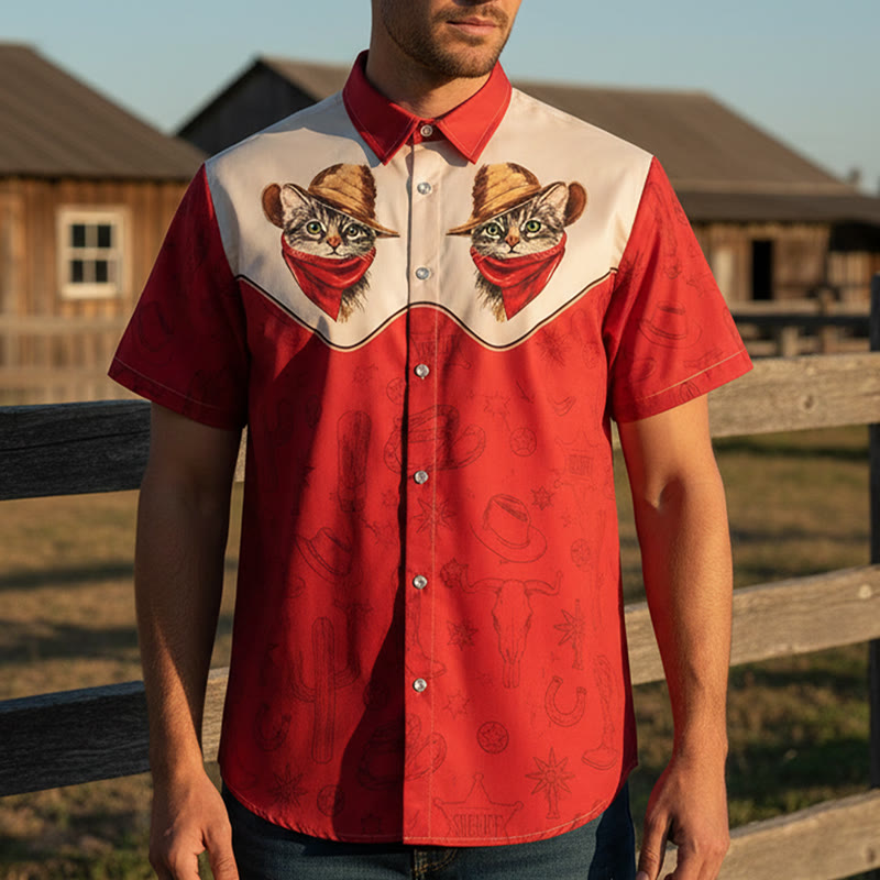 Men's Vintage Cactus & Cat Western Themed Print Shirt - image 0