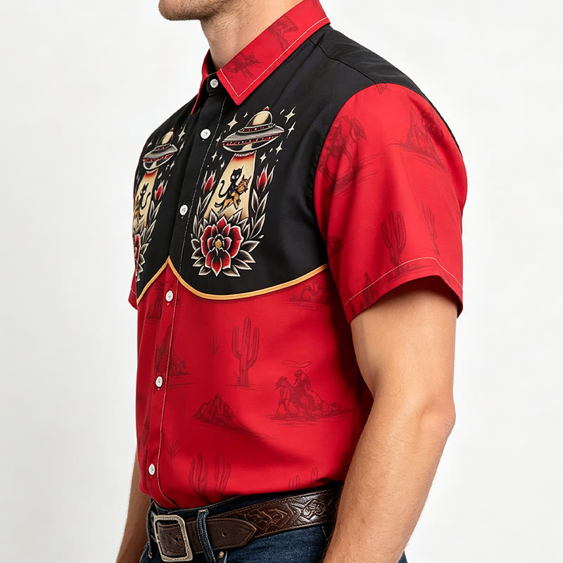 Men's Weirdcore Novelty Alien Cat Western Themed Print Shirt - image 2