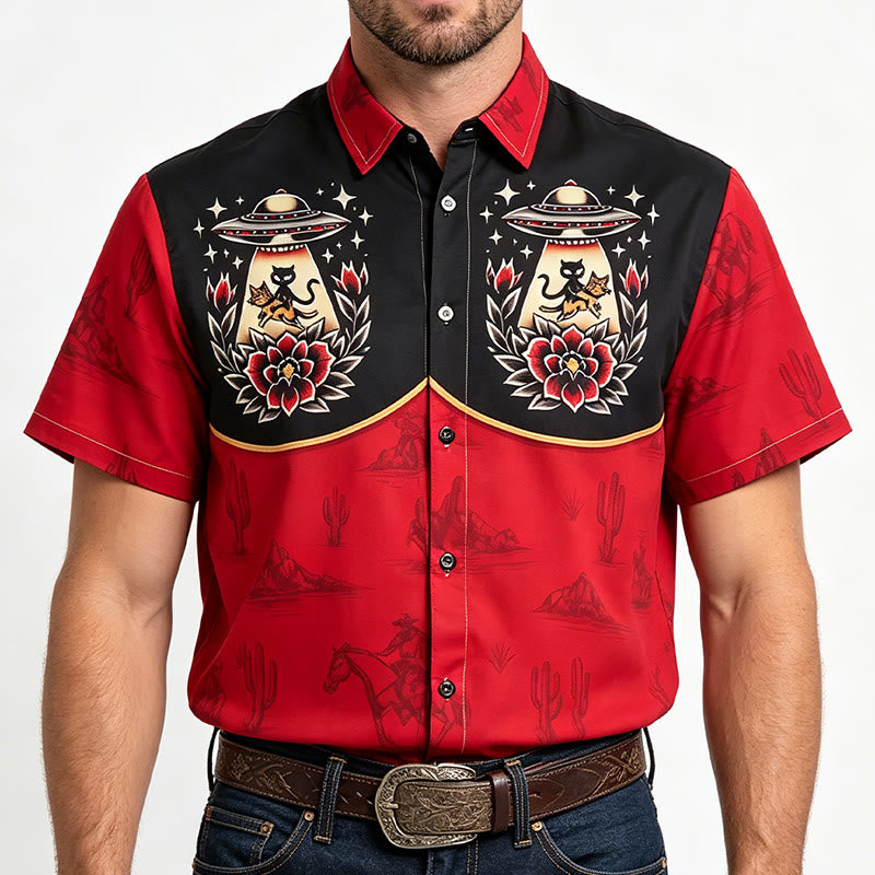 Men's Weirdcore Novelty Alien Cat Western Themed Print Shirt - Red & Black - 5XL - image 1
