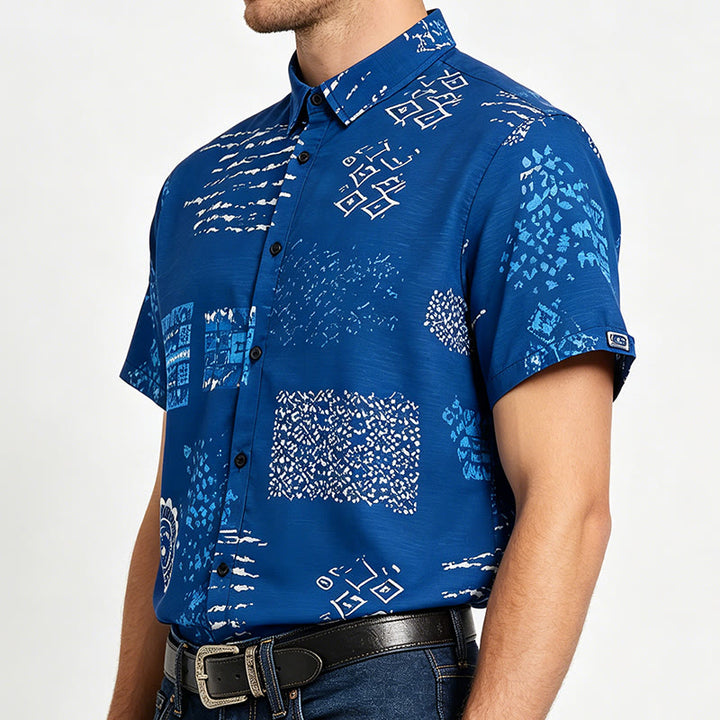 Men's Navy Blue Batik-Inspired Patchwork Print Shirt - image 2