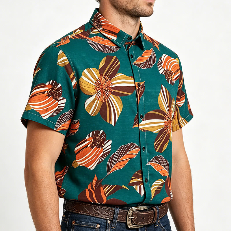 Men's Teal Hawaiian Flower Botanical Print Shirt - image 2