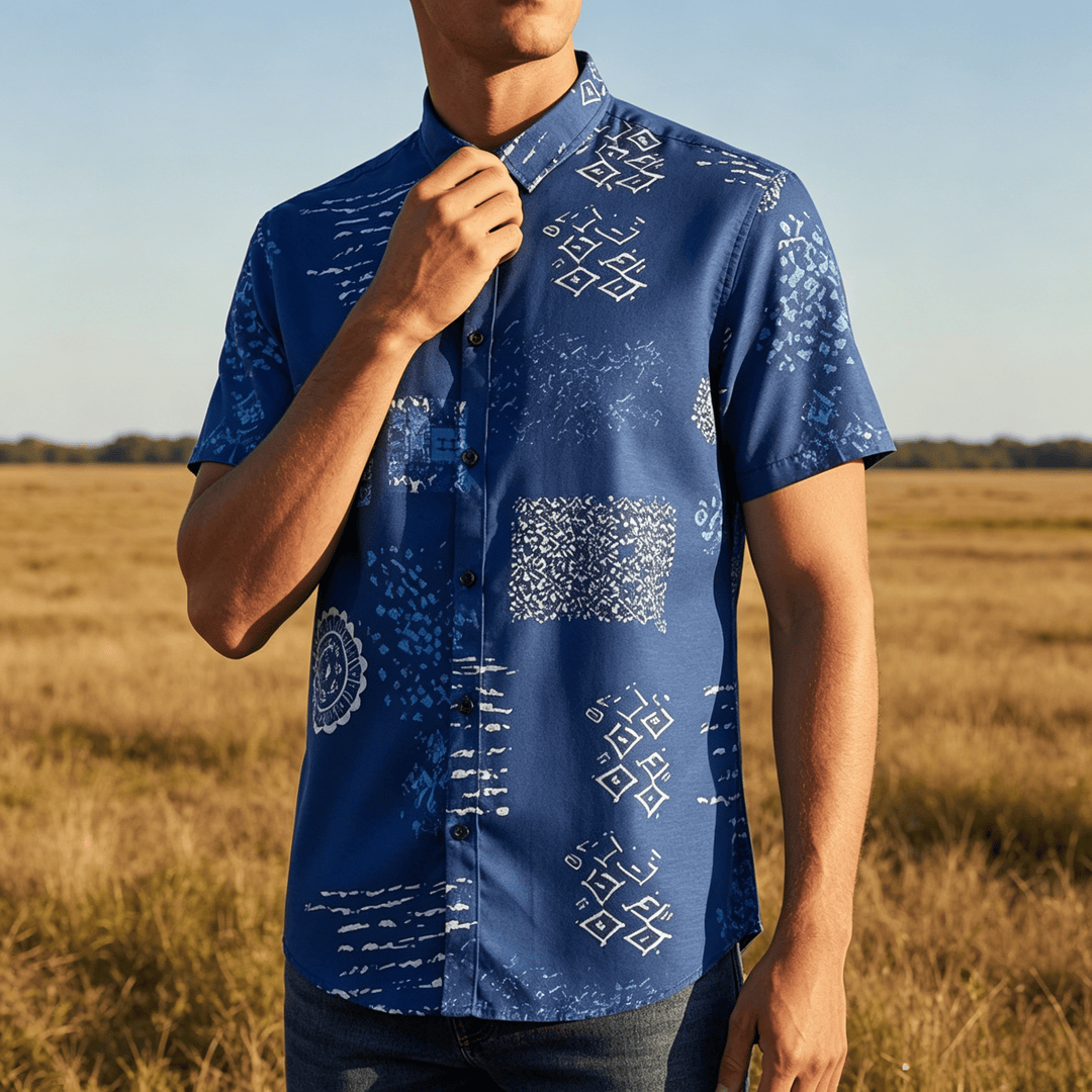 Men's Navy Blue Batik-Inspired Patchwork Print Shirt - image 0